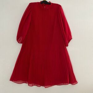 Nanette Lepore Pleated Red Chiffon Dress Puff Sleeve Fit & Flare Size 12